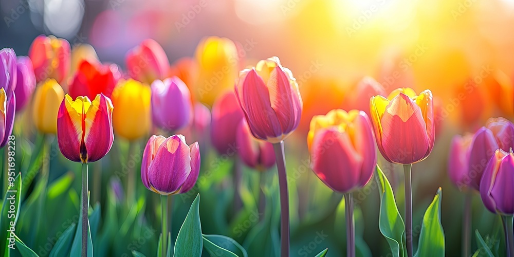A field of colorful tulips bathed in the warm glow of the setting sun. A field of colorful tulips bathed in the warm glow of the setting sun.