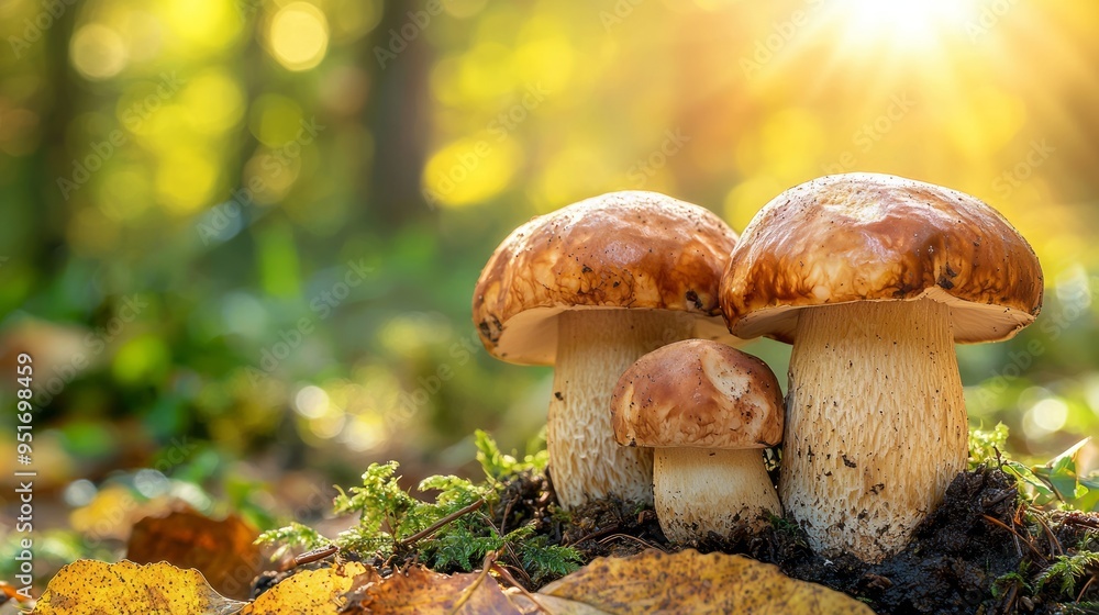 Close-up of mushrooms growing in a forest with sunlight filtering through Close-up of mushrooms growing in a forest with sunlight filtering through