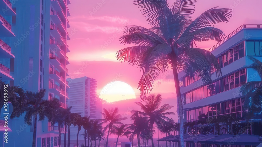 Obraz premium retrofuturistic miami beach scene in pastel hues art deco buildings neon palm trees and holographic sunset create dreamy vaporwave aesthetic