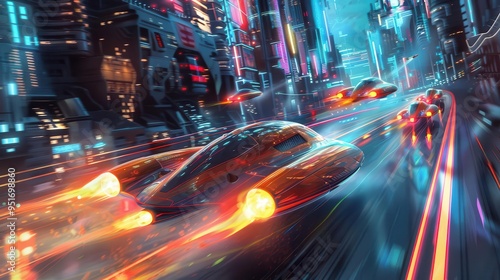 retrofuturistic street racing sleek hovercars with neon underbody lights zooming through cyberpunk city leaving trails of holographic light towering arcologies in background photo