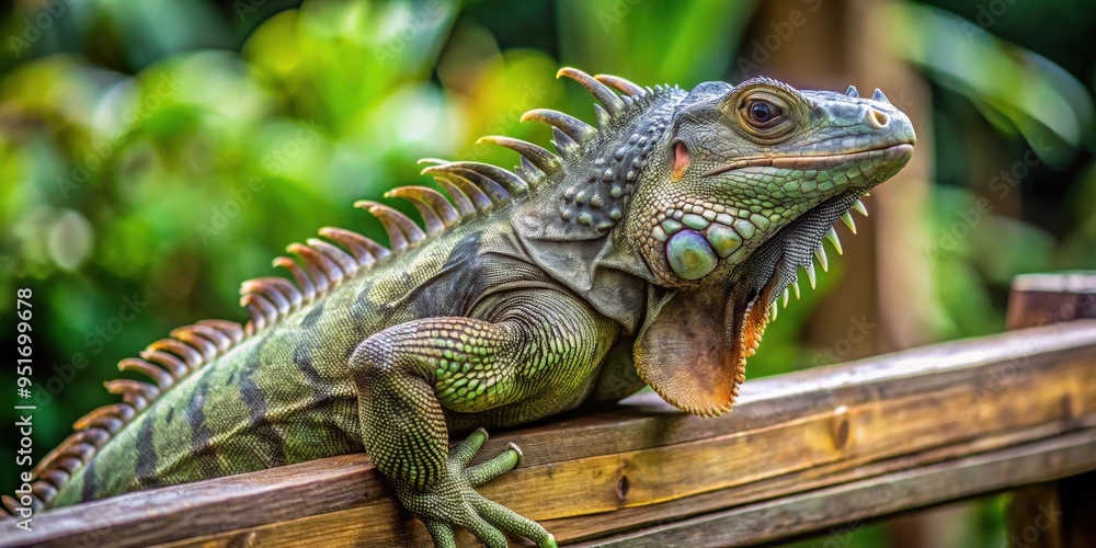 Iguana clinging on wooden rail, greenish black-brown color , reptile, lizard, wildlife, camouflage, exotic, tropical, outdoor