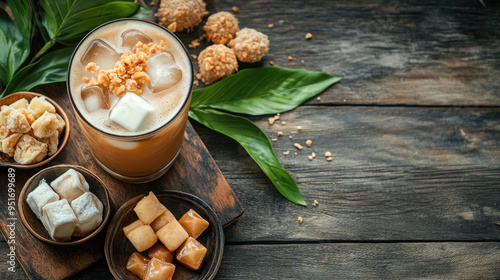 A beautifully arranged Thai iced tea with milk, served with traditional Thai sweets like Kanom Buang, on a wooden table, top view. photo