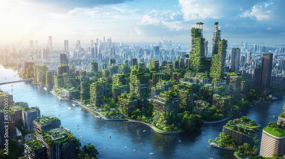 Obraz premium Panoramic aerial shot of a net-zero carbon smart city, where vertical gardens and futuristic skyscrapers shape the urban landscape. The cityscape includes innovative MICE freeform structures and