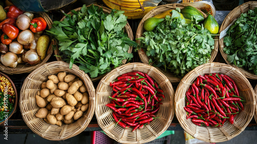 A colorful and appetizing Thai food market display with baskets of fresh herbs, chili peppers, and exotic fruits, top view.