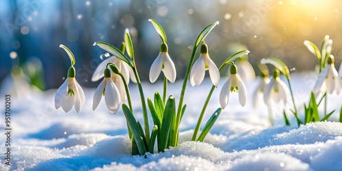 Snowdrops blooming in a snowy winter landscape