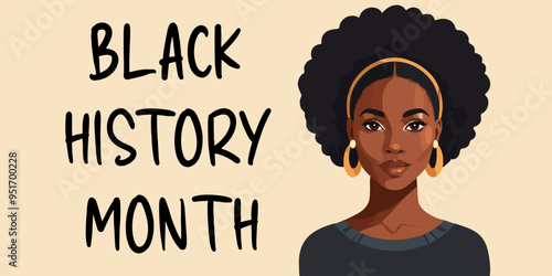 Black History Month. October Event. Portrait of black woman with text isolated on light background, horizontal banner. Vector typography for greeting cards, banners or print.