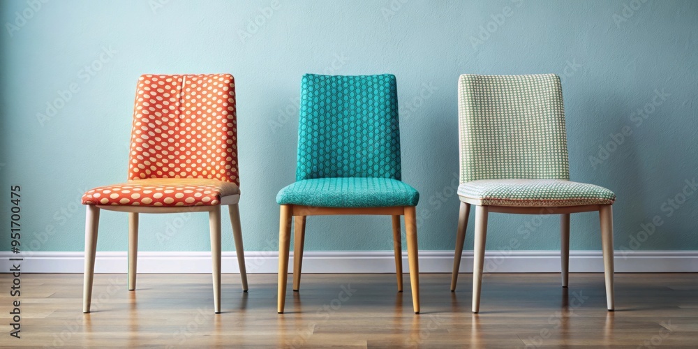 Fototapeta premium Three chairs with unique colors and patterns , interior design, furniture, seating, home decor, stylish, modern
