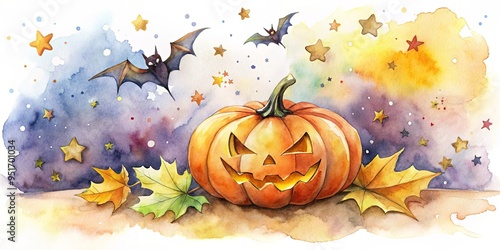 Watercolor of a Halloween pumpkin with bats, stars, and festive elements photo