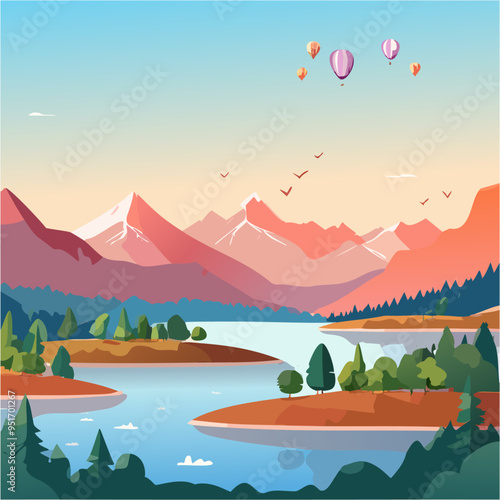 a landscape of 1920x1080 px lakes, ards, mountains, forrest, and sky in beautiful gradient colored