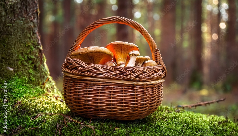 Fungi in the woven basket in forest Fungi in the woven basket in forest