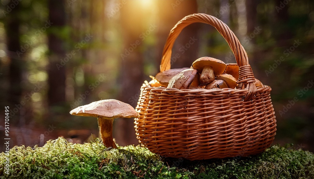 Fungi in the woven basket in forest Fungi in the woven basket in forest