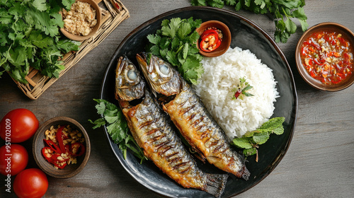 A rustic serving of Thai fried fish with garlic and chili, accompanied by a side of jasmine rice and fresh herbs, top view.