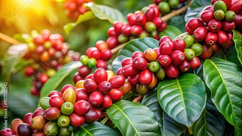 Coffee plant with ripe coffee beans and leaves, coffee, plant, farm, agriculture, tropical, harvest, organic, cultivation