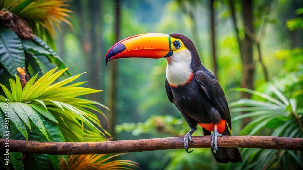 Obraz premium Toucan perched on a lush branch in tropical forest, toucan, bird, branch, tropical, wildlife, colorful, exotic, vibrant, fauna