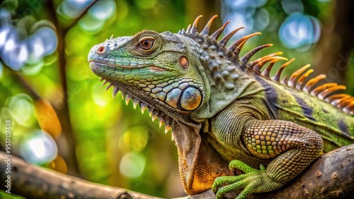 Iguana camouflaged on a tree branch, reptile, wildlife, nature, tropical, green, lizard, climbing, scales