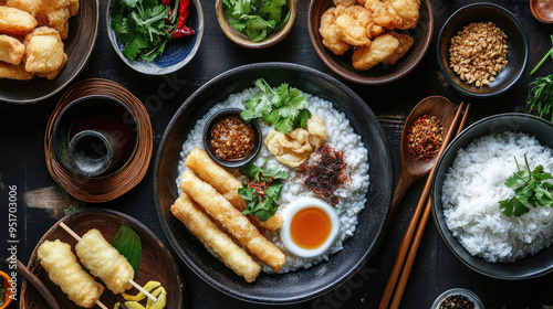Wallpaper Mural A traditional Thai breakfast setting with Jok (rice porridge), fried dough sticks, and condiments like soy sauce and pepper, top view. Torontodigital.ca