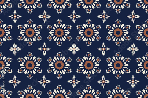 Oreintal Flora Damask Seamless pattern embroidery with cream flowers and navy blue background.