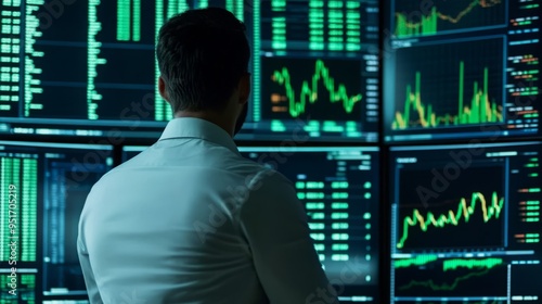 A man in a white shirt stands before a wall of computer screens displaying financial data.