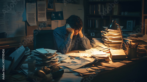 Messy office desk working man stressed frustration overwhelm burnout, paper files folders, stress work overtime busy businessman, finance business worker headache mental health balance high pressure