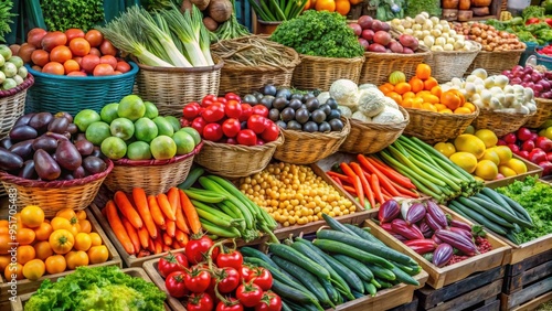 Assorted fresh vegetables on display at a market stall, fresh, organic, produce, market, farm, colorful, variety, healthy