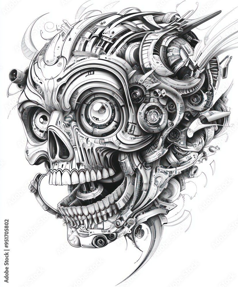 A detailed illustration of a robotic skull, merging mechanical and organic elements. A detailed illustration of a robotic skull, merging mechanical and organic elements.
