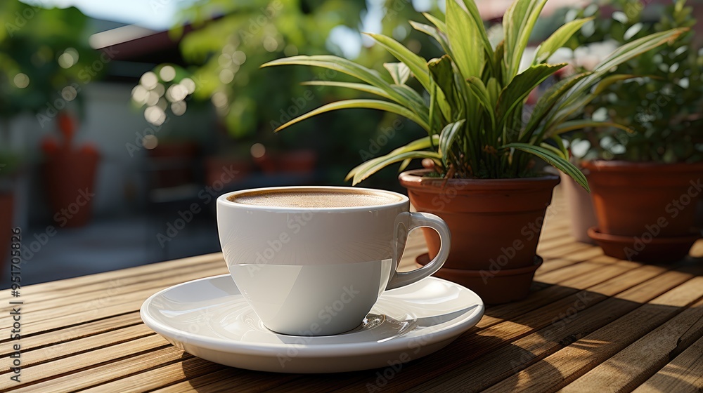 Coffee in white cup on wooden table in cafe