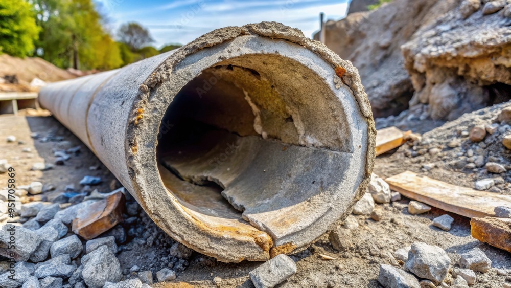 Broken asbestos cement water pipe with 250 mm diameter due to impact load Broken asbestos cement water pipe with 250 mm diameter due to impact load