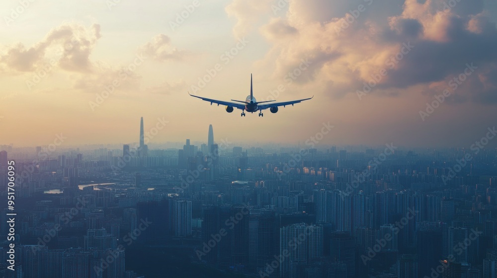 Airplane Landing over Cityscape Airplane Landing over Cityscape