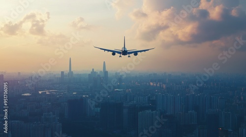 Airplane Landing over Cityscape