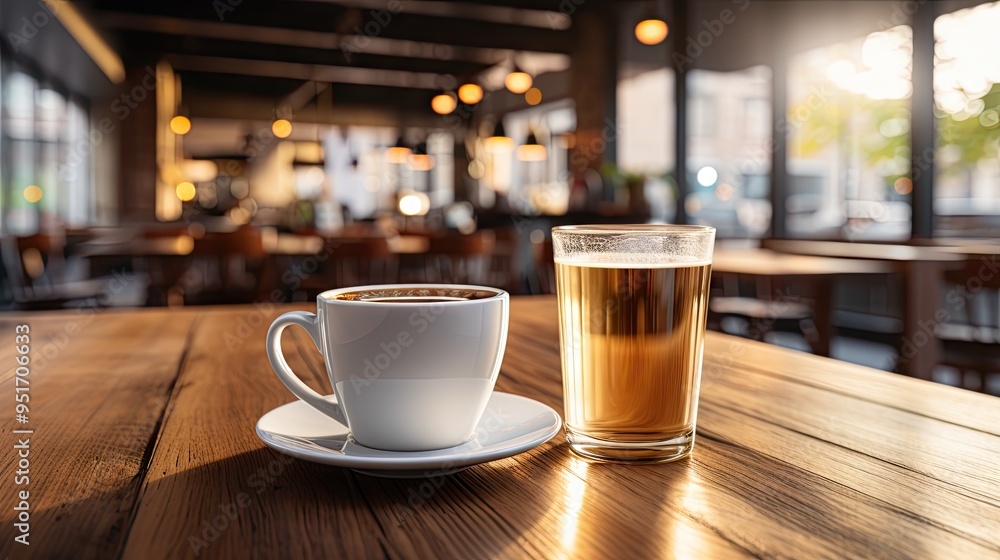 Coffee in white cup on wooden table in cafe Coffee in white cup on wooden table in cafe