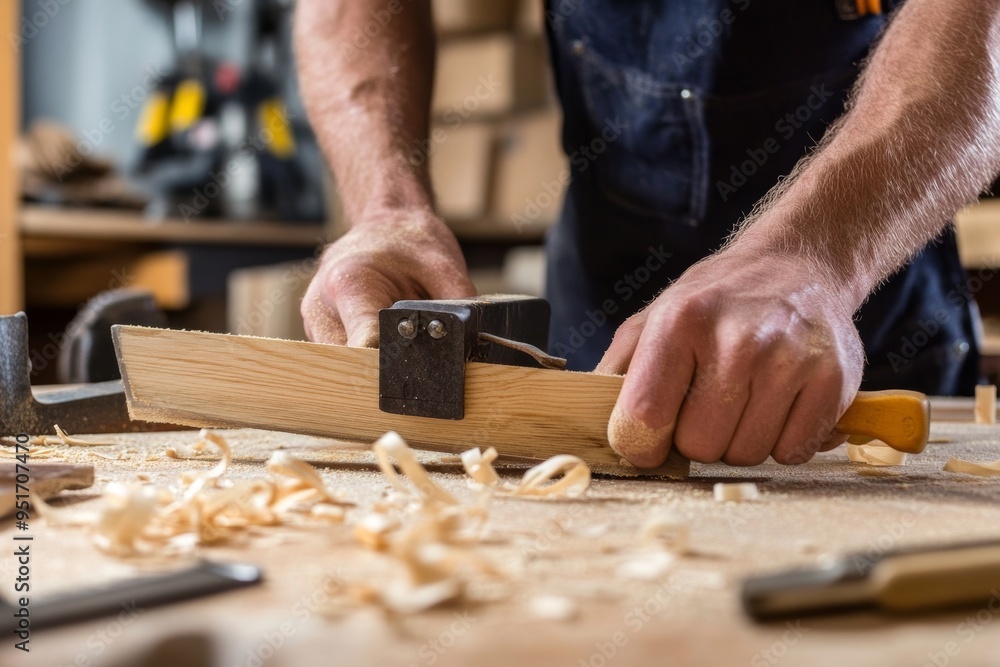 Carpenter Shaping Wood with Hand Plane Carpenter Shaping Wood with Hand Plane