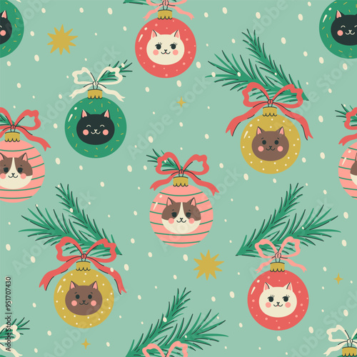 Seamless pattern with Christmas balls with cat faces. Vector graphics.