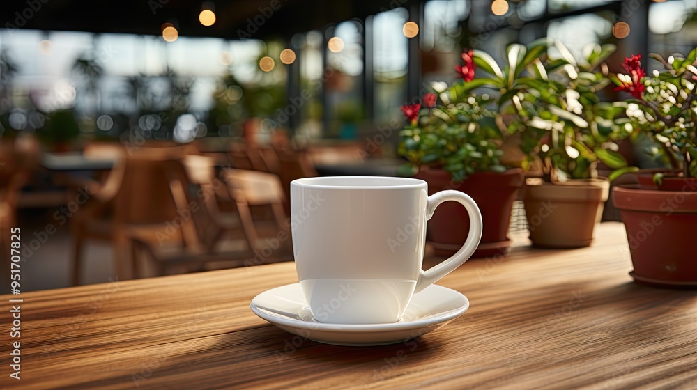 Coffee in white cup on wooden table in cafe Coffee in white cup on wooden table in cafe