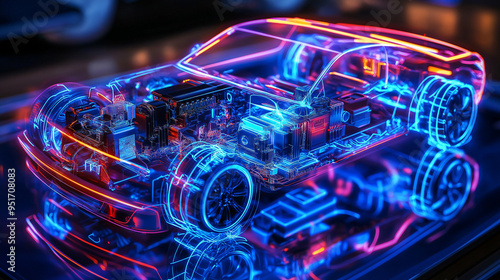 An electric car lithium battery pack is illustrated with power connections, showcasing the core of modern automotive technology in a vibrant blue tone