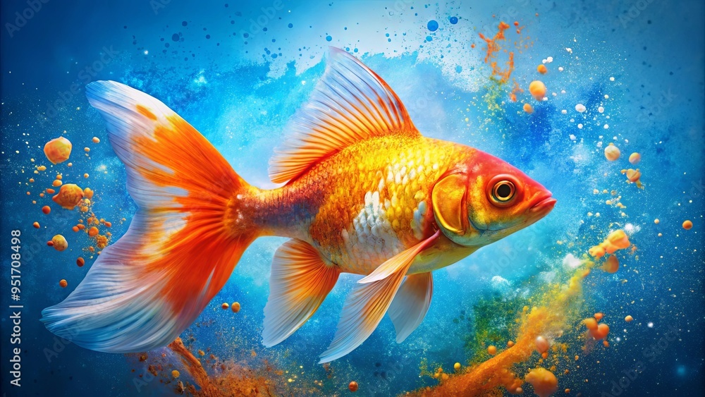 Fototapeta premium Vibrant goldfish on blue background with paint splatter