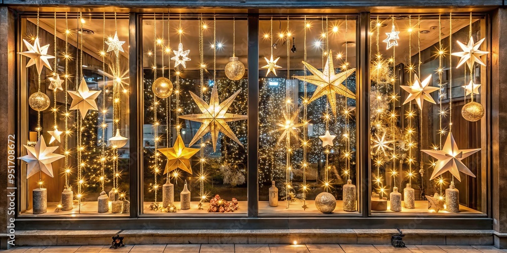 Obraz premium Festive storefront window display with twinkling stars and fairy lights, symbolizing celebration and hope