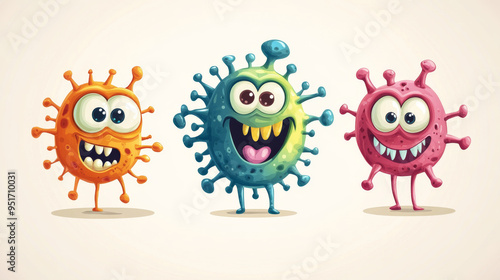 Cartoon vector characters of bacteria, microbes, and viruses with amusing faces. These cute pathogens include smiling microbes, bacteria, and coronaviruses with large eyes, and cells featuring teeth a