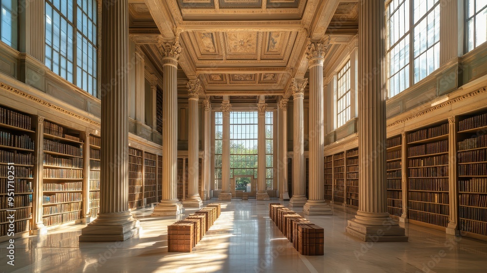 Fototapeta premium A spacious library with tall columns, large windows, and rows of bookshelves.