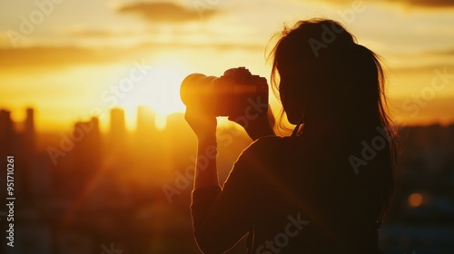 Silhouette of a Woman Taking a Photo of the Sunset