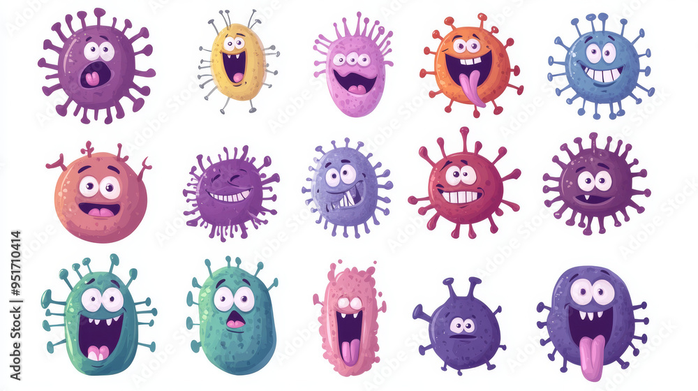 Cartoon vector characters of bacteria, microbes, and viruses with ...