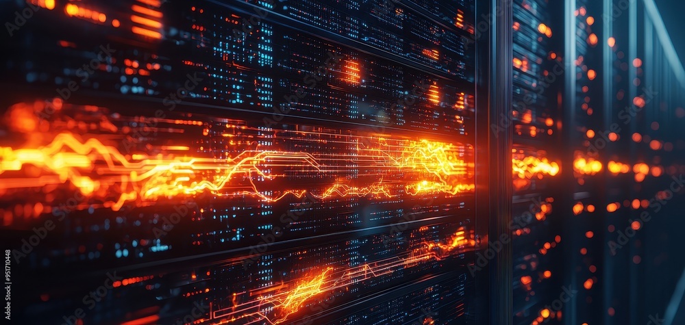 Close-up of a futuristic data server with bright, fiery network connections glowing across sleek, high-tech racks. Close-up of a futuristic data server with bright, fiery network connections glowing across sleek, high-tech racks.