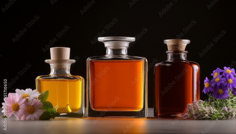A Collection of Essential Oils in Glass Bottles with Flowers and Herbs A Collection of Essential Oils in Glass Bottles with Flowers and Herbs