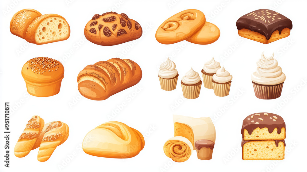 Set of bakery and pastry product icons featuring a variety of breads, sweet rolls, cupcakes, dough items, and cakes, ideal for a bakery shop or food-related design. Set of bakery and pastry product icons featuring a variety of breads, sweet rolls, cupcakes, dough items, and cakes, ideal for a bakery shop or food-related design.