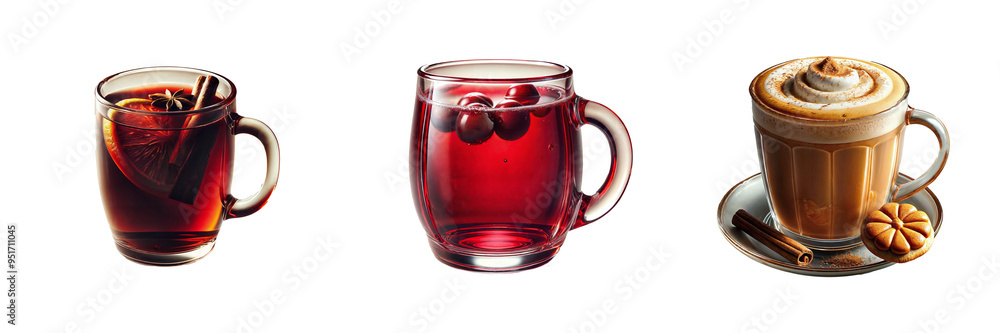 Autumn-themed set of three hot beverages including mulled wine, cranberry tea, and pumpkin spice latte in glass mugs with cinnamon and star anise on white background. Autumn-themed set of three hot beverages including mulled wine, cranberry tea, and pumpkin spice latte in glass mugs with cinnamon and star anise on white background.