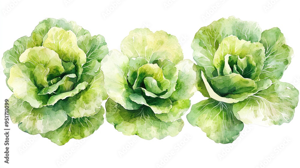 A vibrant watercolor illustration depicting three beautiful green lettuce heads, showcasing their lush texture and fresh appearance. A vibrant watercolor illustration depicting three beautiful green lettuce heads, showcasing their lush texture and fresh appearance.