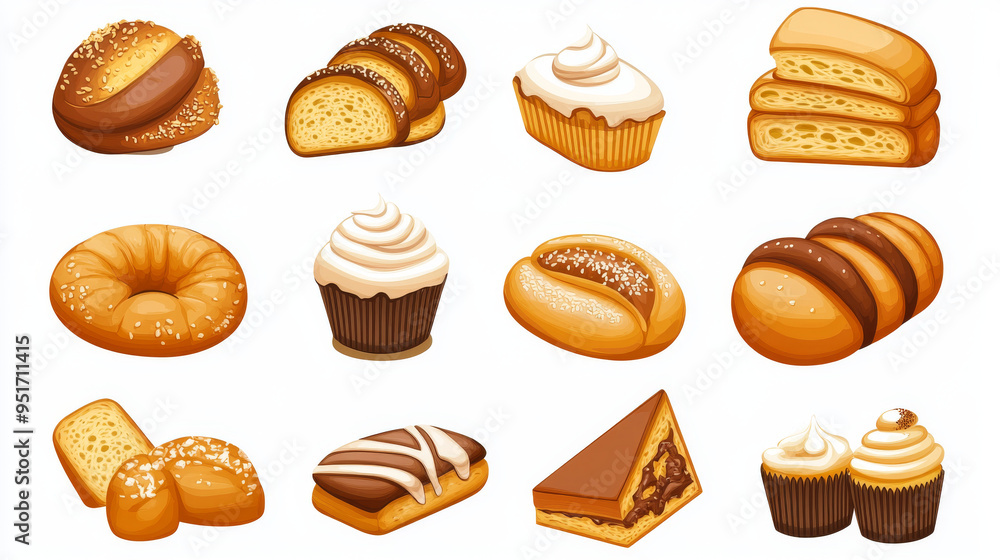 Set of bakery and pastry product icons featuring a variety of breads, sweet rolls, cupcakes, dough items, and cakes, ideal for a bakery shop or food-related design. Set of bakery and pastry product icons featuring a variety of breads, sweet rolls, cupcakes, dough items, and cakes, ideal for a bakery shop or food-related design.