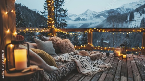 rustic wooden terrace overlooking majestic mountain range twinkling christmas lights cozy blankets and pillows steaming cocoa mugs photo