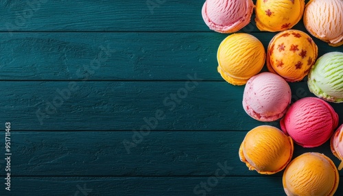 Colorful scoops of ice cream on a dark wooden table, vibrant summer dessert arrangement with various flavors visible. photo