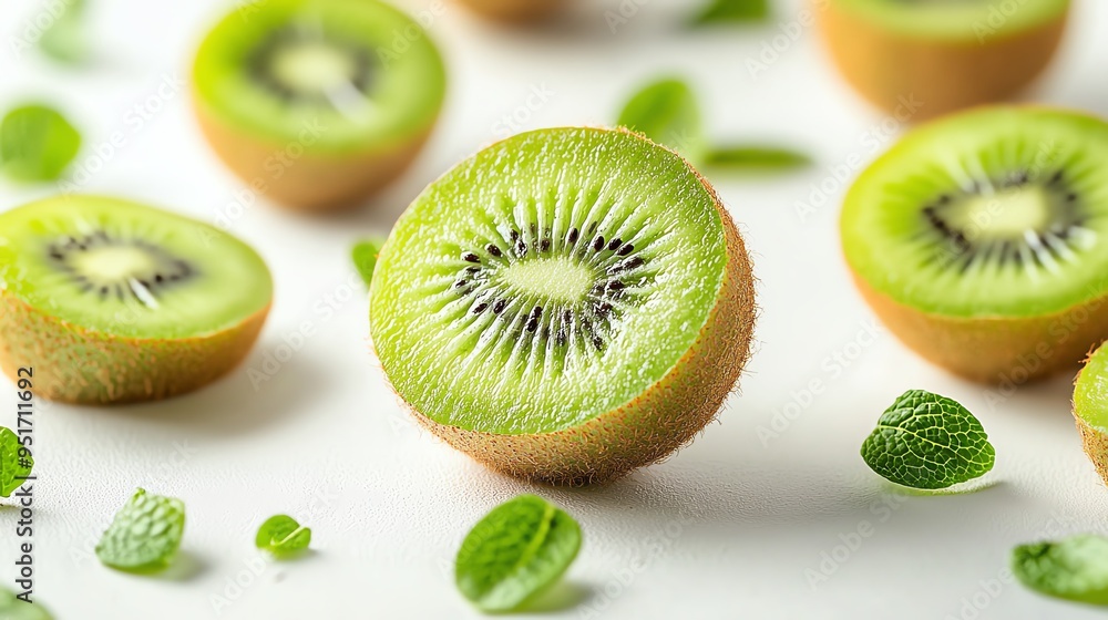 Fototapeta premium Fresh kiwi slices with vibrant green flesh and delicate mint leaves, perfect for healthy recipes and fruit platters.