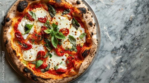 rustic woodfired pizza with vibrant toppings on a weathered marble surface artisanal crust with charred edges aromatic herbs and melted mozzarella soft natural lighting enhances textures photo